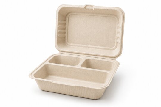 Open eco-friendly molded pulp takeout food container with three compartments. Biodegradable bagasse clamshell packaging mockup for sustainable catering.