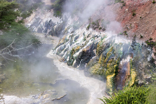 Deposits of silica and colorful algae on a cliff above a geothermal hot spring at Waimangu Volcanic Valley, New Zealand