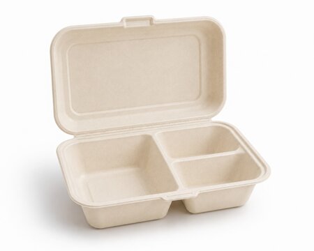 Half-open eco-friendly takeout food container with three compartments. Biodegradable bagasse clamshell packaging mockup for sustainable bento catering, isolated on white.