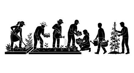 Obraz premium Gardening Silhouette Set, Diverse People Planting and Watering Vegetables, Organic Farming Community Vector Icons