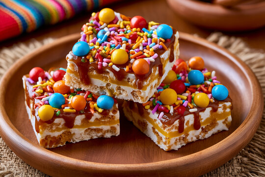 Traditional Turr&oacute;n de Do&ntilde;a Pepa &ndash; Colorful Peruvian Dessert with Sprinkles and Candies