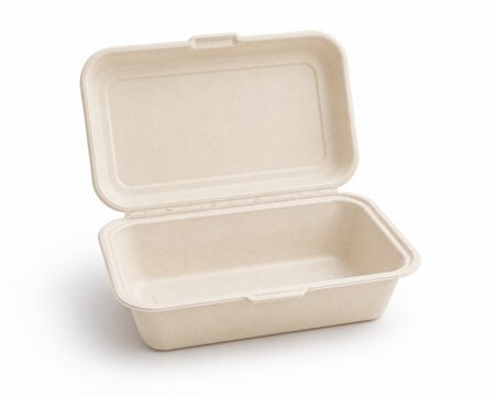 Half-open eco-friendly takeout food container isolated on white. Blank biodegradable molded pulp clamshell packaging mockup for sustainable delivery and catering.