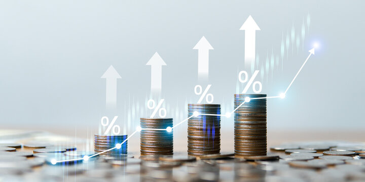 Financial Growth and Compound Interest with Rising Coin Stacks and Percentage Symbols