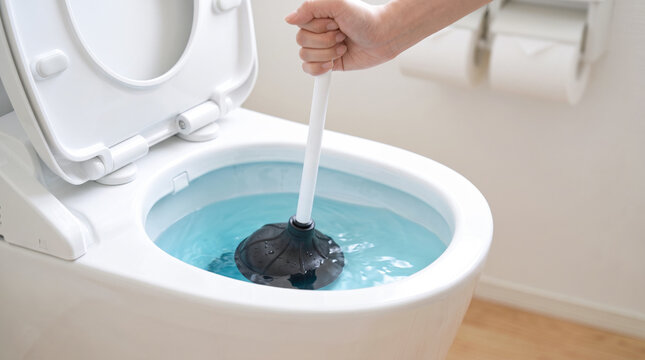 洋式トイレの詰まりをラバーカップで解消する様子・トラブルの修理とお手入れ