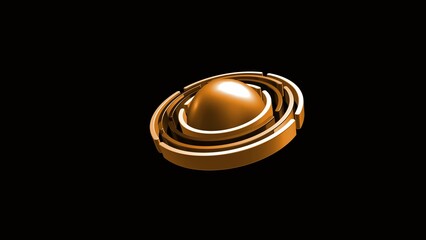 A 3D rendered golden with concentric circular rings surrounding a central dome shape, presented against a solid black background © HUJAYFA