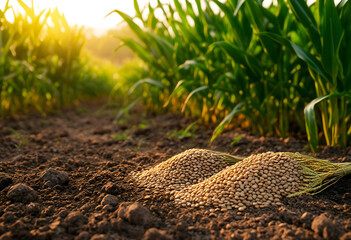 Obraz premium Soybean seeds on fertile soil with green crops and golden sunlight, agriculture and farming