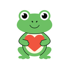 Fototapeta premium Cute cartoon green frog character holding a red heart, simple flat illustration, isolated on white