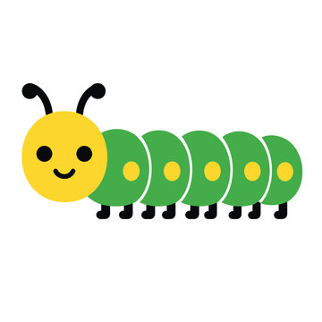 Cute cartoon caterpillar with yellow head and green segmented body, simple, vector illustration