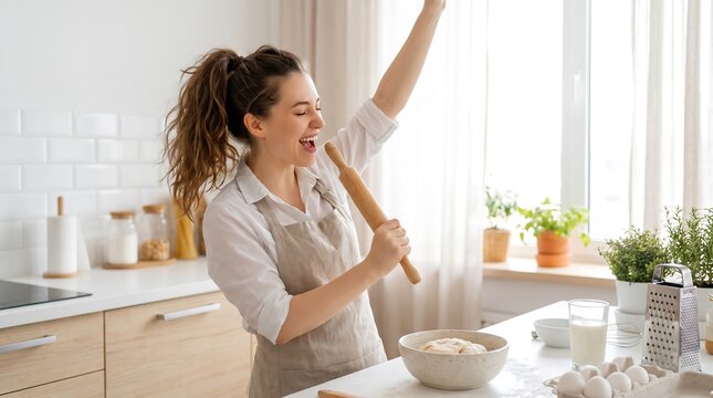 Happy woman singing into rolling pin while baking dough in bright modern kitchen