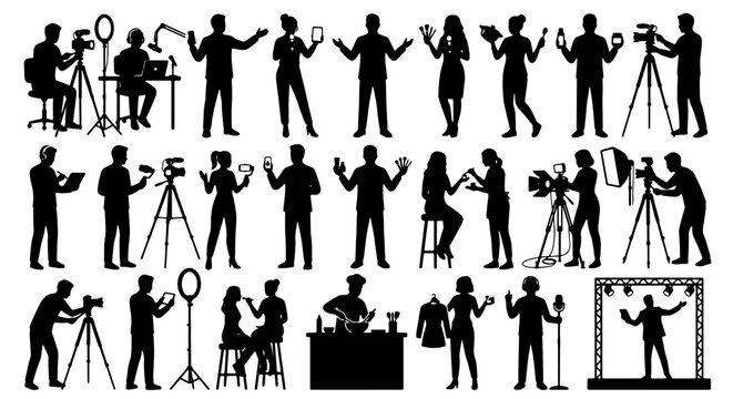 Diverse Silhouettes of Content Creators, Filmmakers, and Performers with Equipment, Vector Set