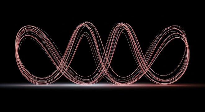 Luminous infinite loop of rose gold light trails forming a mesmerizing lemniscate shape with subtle reflections on a dark surface representing endless motion and conceptual continuity.