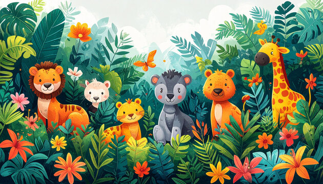 Cute Forest Animals Cartoon Illustration with Tropical Plants