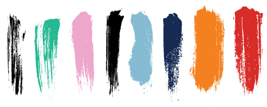 Bold straight brush strokes collection. Rough grunge thick paint lines. Hand drawn colorful stripes, thick smears. Grunge marker highlight underline strokes