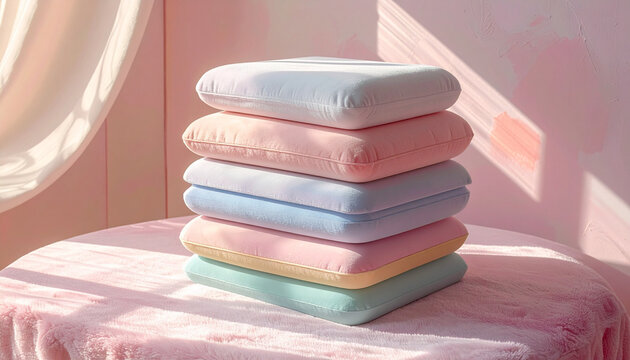 Stacked Pastel Pillows on Bed
