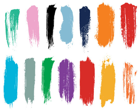 Collection of colorful paint bold brush strokes, hand drawn thick grunge lines and rectangle shapes. Vector illustration
