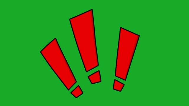 2D Hand Drawn Red Triple Exclamation Mark Shock Animation Green Screen Overlay