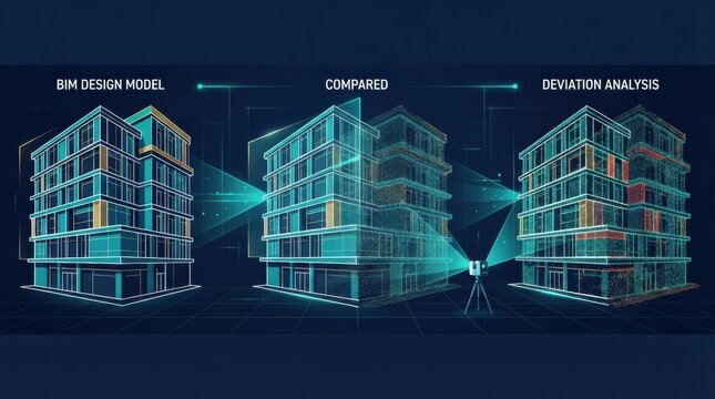 BIM design model shows a digital representation of a building with comparison and deviation analysis highlighting differences in construction.