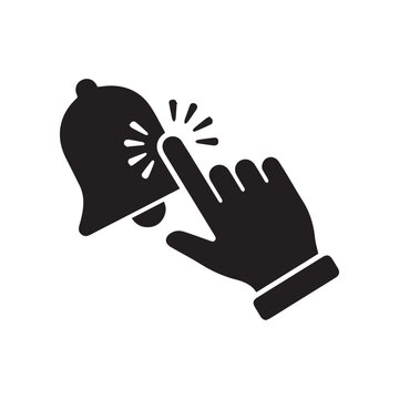 Black Hand Pointer Clicking Notification Bell Vector Icon On White Background.