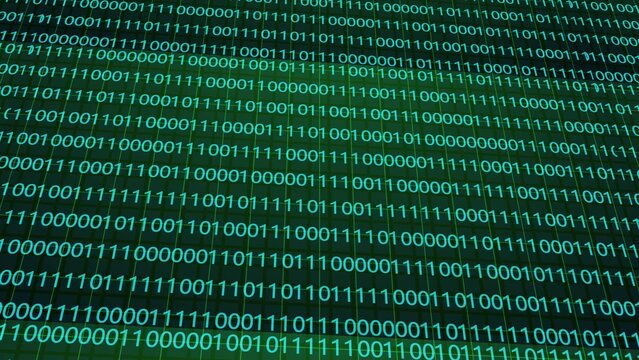 A digital screen a dense pattern of glowing green binary code consisting of ones and zeros cascading diagonally across the dark background representing data processing and computer science