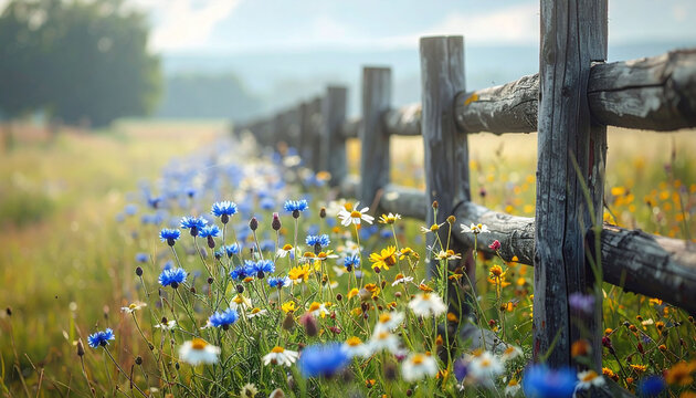 Vibrant blue cornflowers and daisies bloom along a rustic wooden fence in a sunny summer meadow, evoking a feeling of peaceful country life. Beautiful rural landscape. No people.