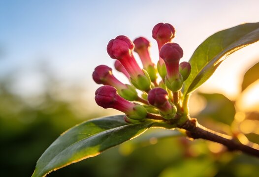 Reddish-pink and green clove flower buds growing on a branch in warm golden hour sunlight