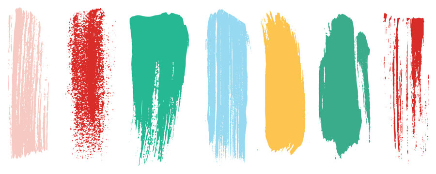 Collection of colorful paint bold brush strokes, hand drawn thick grunge lines and rectangle shapes. Vector illustration