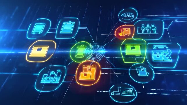 Futuristic digital diagram displays interconnected icons related to logistics and data flow, set against a dark blue background