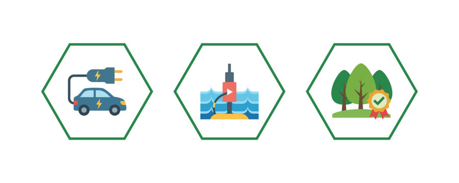 Vector Eco Transportation Wave Energy and Forest Certification Icons Set in Hexagonal Frames