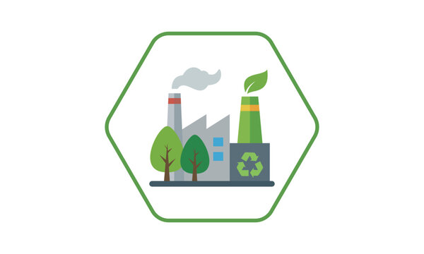 Vector Eco Friendly Factory Inside Hexagonal Frame Green Industrial Eco Infrastructure and Recycling Icon