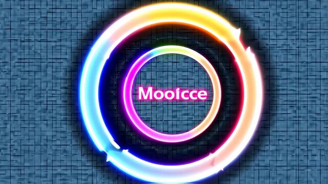 Vibrant neon concentric circles with "Mooicce" in center set against a textured blue backdrop