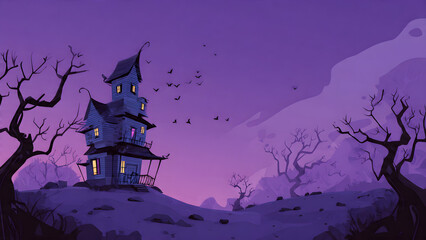 Fototapeta premium Enchanting, eerie haunted house illustration set against a twilight sky with silhouettes of spooky trees and flying bats