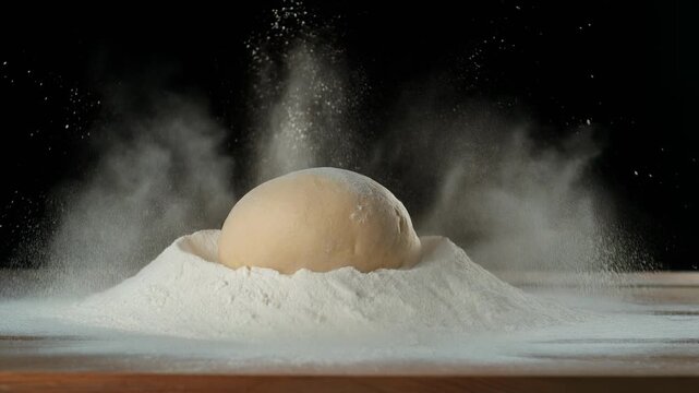 Spherical object falling into white powder creating dynamic cloud during studio lighting with dark backdrop