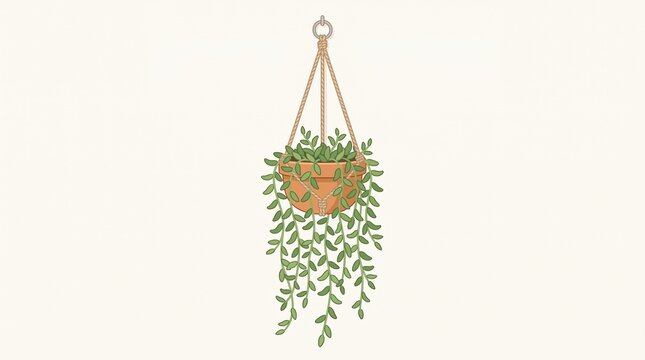 "STRING OF TEARS HANGING ILLUSTRATION". Vector art of Senecio herreianus with trailing green bead leaves in a terracotta pot with jute macrame. Off-white background. Perfect for home decor, gardening,