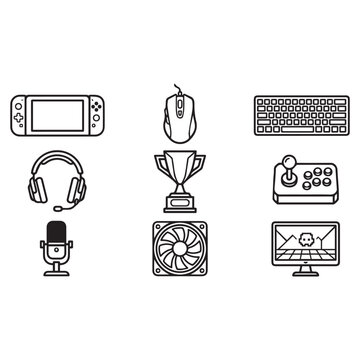  Gaming Equipment Line Icon Set Featuring Console Keyboard Headphones Trophy And Monitor. 