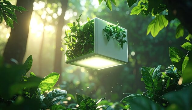 Floating Cube in Lush Forest - A Blend of Nature and Technology.