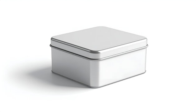 Blank white square tin box with metallic lid clean modern container mockup for product packaging simple storage isolated on white background