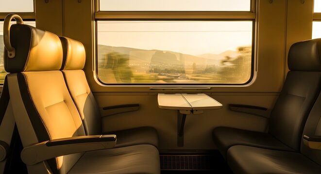 Empty seats inside a train carriage with a scenic view of the countryside through the window at sunset