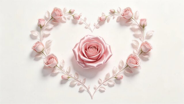 Elegant floral heart frame made of pale pink rose flowers, delicate stems and leaves, with a graceful soft blush pink silk satin rose flower in the center, clean white background, romantic love theme