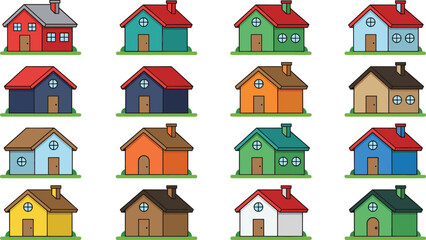 Fototapeta premium Colorful House Icon Set with Cartoon Home Building Design for Real Estate and Property Vector Illustration Collection