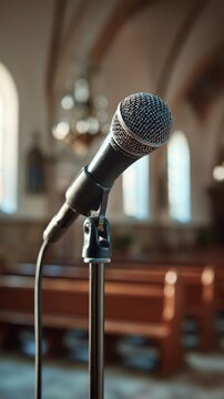 A microphone on a stand sits ready in a church with empty benches, bathed in soft light, depth of field, and evocative of sermons, performances, and public speaking. A scene of quiet anticipation.