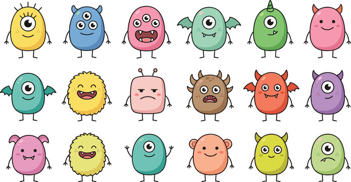 Cute Colorful Monster Character Set with Funny Alien Creature Faces, Halloween Cartoon Vector Illustration Collection for Kids