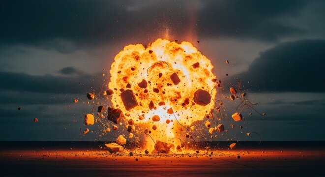 Cataclysmic Nuclear Detonation Over Barren Landscape Fiery Mushroom Cloud Ascending Skyward Dramatic Scene of Explosive Power and Destruction Global Impact Concept