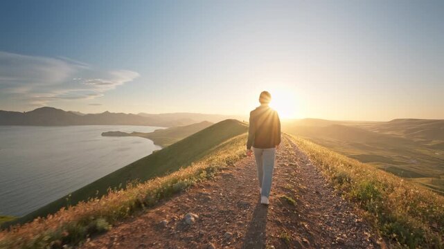 Young woman hiking along a dirt path on a hill overlooking a beautiful sea bay at sunset. Cinematic steadicam follow shot footage for active lifestyle, summer travel and freedom video.	