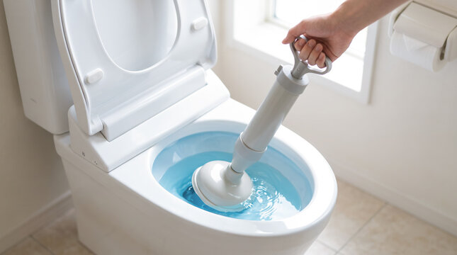 洋式トイレの詰まりを真空式パイプクリーナーで解消する様子・トラブルの修理とお手入れ