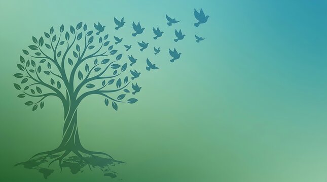 Green tree of life with world map roots and leaves transforming into flying doves to celebrate International Day of Peace in a clean minimalist conceptual illustration style