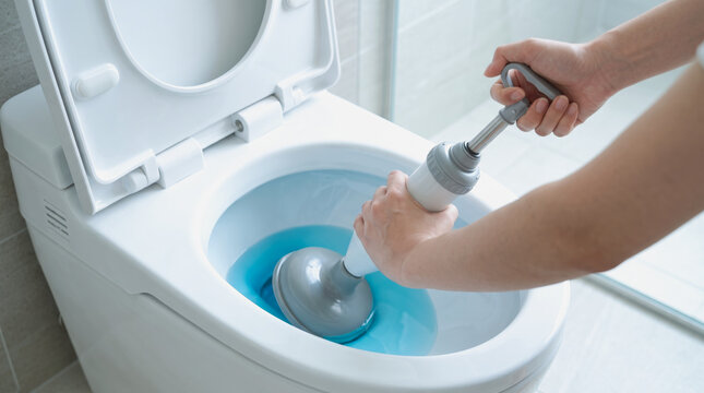 洋式トイレの詰まりを真空式パイプクリーナーで解消する様子・トラブルの修理とお手入れ