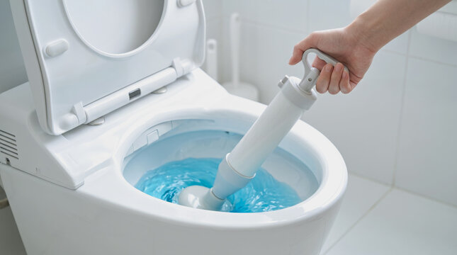 洋式トイレの詰まりを真空式パイプクリーナーで解消する様子・トラブルの修理とお手入れ