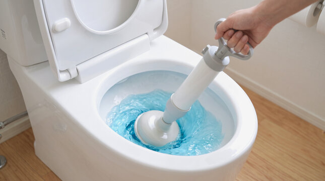 洋式トイレの詰まりを真空式パイプクリーナーで解消する様子・トラブルの修理とお手入れ