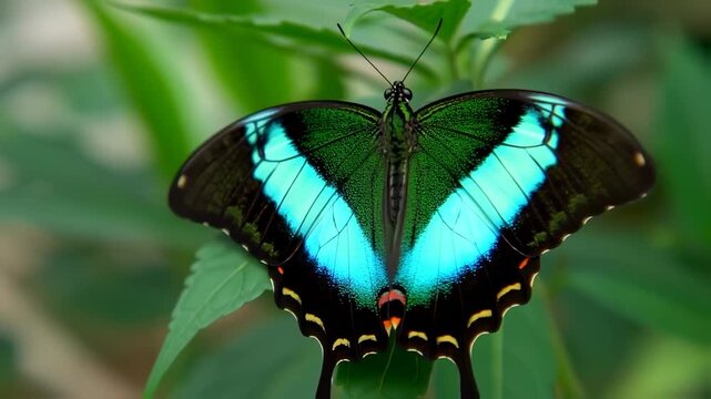 A close-up view reveals vibrant wings of a swallowtail butterfly against green foliage