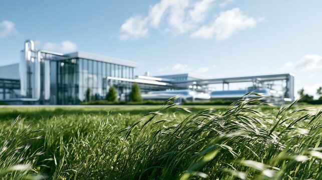 Modern industrial facility surrounded by green grass, highlighting environmentally responsible manufacturing, sustainable energy systems and clean industrial infrastructure with foreground copy space